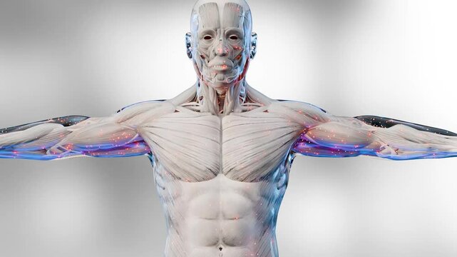 Anatomy Muscles tissues growth, Medically accurate Muscle structure, body building or weightlifting training, Athlete body, bodybuilding fitness supplements, chest and shoulders and abs, 3d render