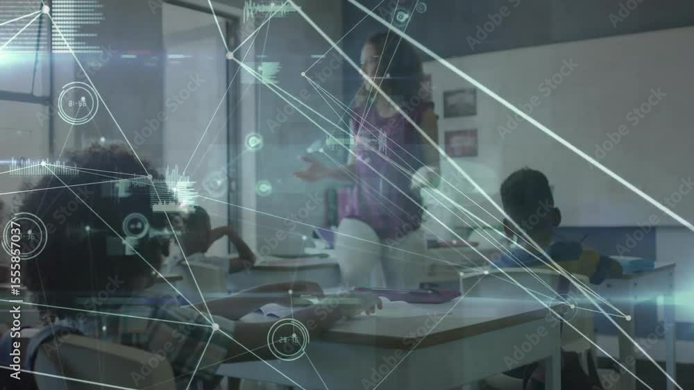 Poster teacher posing question in classroom students raising hands with digital nodes enhancing learning