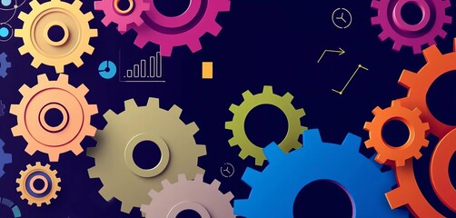 Abstract gears, diagrams, and charts illustrate successful business workflow and team collaboration,  icons,  success