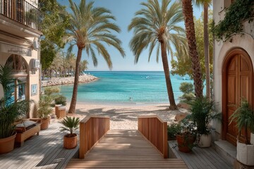Fototapeta premium Wooden boardwalk on the beach banner