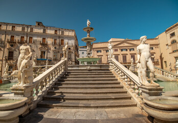 Palermo - Sicily, Italy - September 5, 2020: View of Pretoria Fountain and Quattro Canti