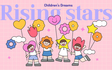 Happy Children Holding Flowers and Hearts