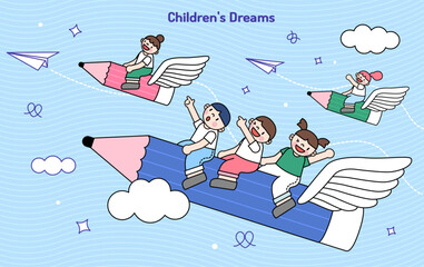 Children Flying Through the Sky on Pencils