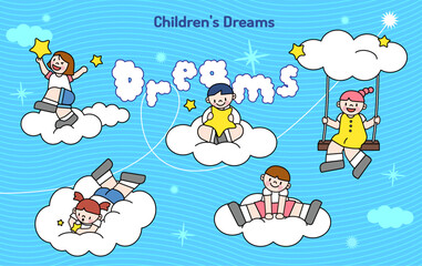 Happy Children on Clouds Playing with Stars