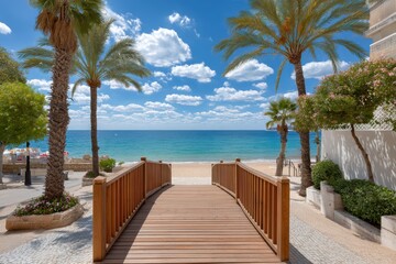 Obraz premium Wooden boardwalk on the beach banner