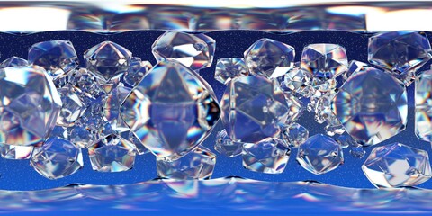 Seamless HDRI environment featuring floating crystal-like diamonds in a reflective blue space. Set against a starry sky, this futuristic scene glows with sharp refractions and pristine clarity.