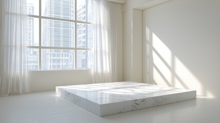 White Marble Platform in a Minimalist Room with Sunlight