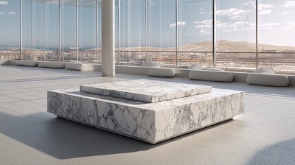 White Marble Platform in a Minimalist Room with Sunlight