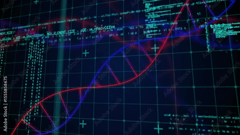 Poster following grid activation digital dna helix growing and rotating while code streams displaying data