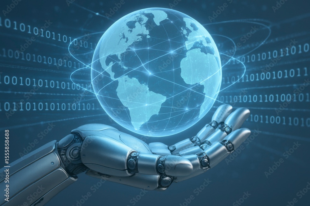 Poster A robot hand holding a digital globe with binary code in the background