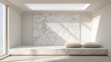 White Marble Platform in a Minimalist Room with Sunlight