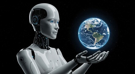 Humanoid robot holding planet earth in its hands against a starry background