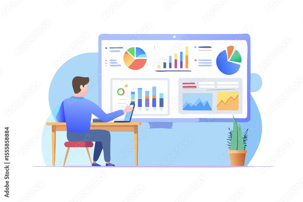 Poster man analyzing financial data charts and graphs on a large computer screen at his desk