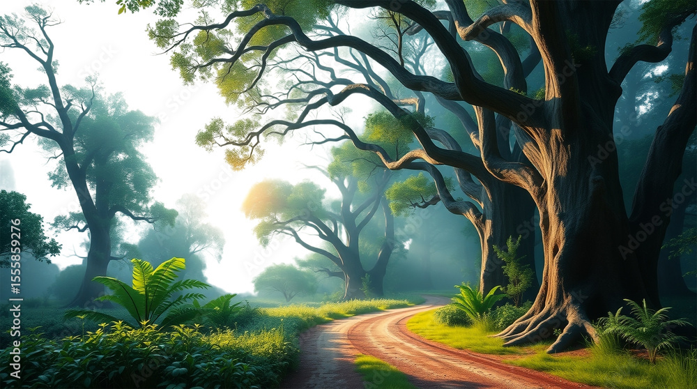 Poster a winding path through a misty forest with large trees and green foliage on a bright sunny day creat