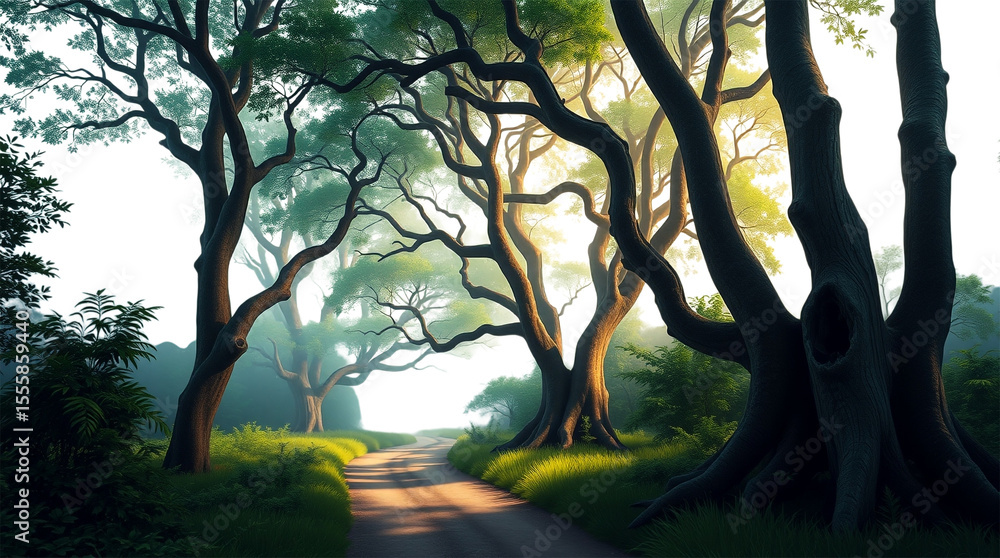 Poster a winding path through a forest with sunlight filtering through the trees and lush green foliage aro