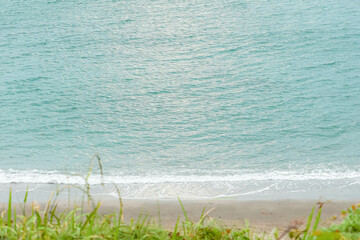 エメラルドグリーンの海を引き立てる緑色の草の間から、崖下のビーチを眺めた風景