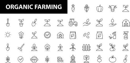 Organic Farming Line Icons, Leaf, Tractor, Plant, Soil, Eco Certification, Watering Can, Crop, Harvest, and More , Editable Formats: AI, EPS, JPG, PNG , Ideal for Both Digital and Print Use