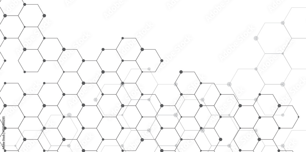 Poster Molecular structure abstract tech background. Geometric white background. Vector banner design with hexagons. Science network pattern, connecting lines and dots Medical background, Vector illustration