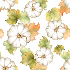 Hand-drawn Seamless White Pumpkin and Fall Leaves Digital Paper