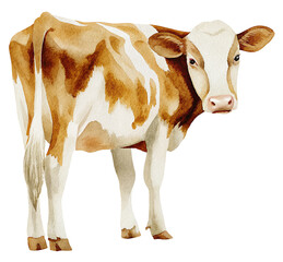 Watercolor painting of a brown and white cow on transparent background.