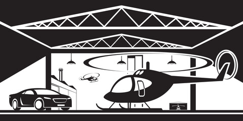 Airport hangar with private helicopter and sport car – vector illustration