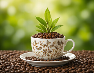 A brown mug of roasted coffee beans and a hot, dark espresso cup, perfect for a morning drink