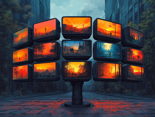 Large advertising banner with multiple monitors for advertising in a dystopian world. Painting style illustration