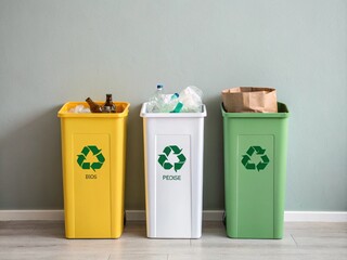 Three recycling bins stand ready for different waste streams, promoting sustainability and environmental responsibility.