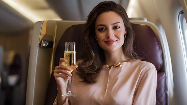 Luxury first class woman, luxury first class woman, luxury first class woman smiling with champagne glass on airplane  High-end airline lifestyle Glamorous solo female travel In-flight luxury service