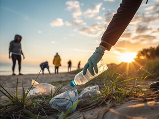 Beach cleanup project shows volunteers collecting plastic bottles to protect the ocean environment at sunset