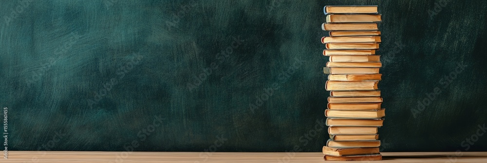 Poster many old books forming a tall pile standing on a wooden desk in front of a blank school blackboard c