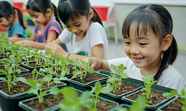 Little Girl Smiling by Seedlings in Pots Gardening Project
