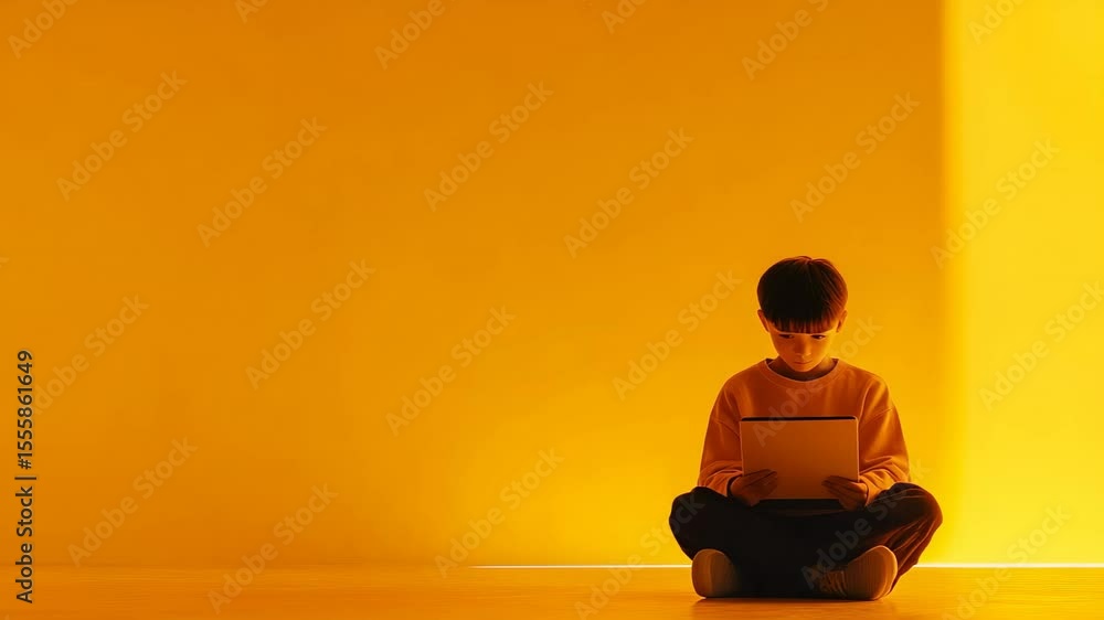 Poster elementary school student using a digital tablet while sitting with crossed legs on the floor in a m