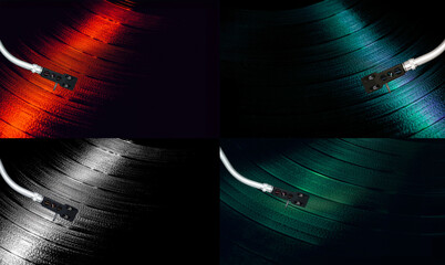Vinyl record rotating in a macro shot with turntable arm