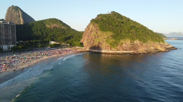 Aerial capture of he Leme beach at sunset, Rio de Janeiro, Brazil. 