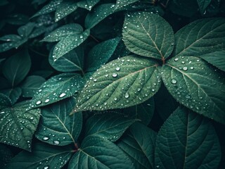 Lush green foliage adorned with glistening water droplets creates a refreshing, natural pattern and texture.