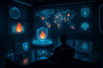 Person sits futuristic command center, monitoring global cybersecurity threats multiple digital screens. room is dimly lit, with glowing interfaces displaying maps, firewalls, and data analytics