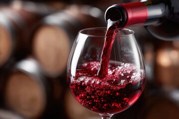 Pouring rich red wine into a glass against a backdrop of wooden barrels