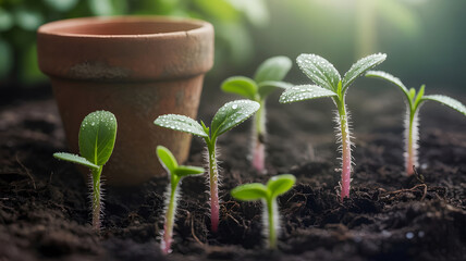 Seedlings Growing in Soil with Clay Pot in Background – Organic Gardening, Sustainable Planting, Eco Agriculture, Spring Growth, and New Life Concept in Natural Light