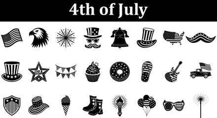 Collection of American patriotic symbols and holiday icons for the 4th of July celebration silhouette isolated on transparent background