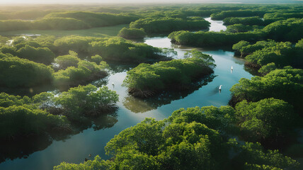 Aerial View of Winding River Through Lush Green Mangrove Forest – Tropical Wetlands, Eco System, Climate Conservation, Pristine Nature, and Environmental Beauty from Above