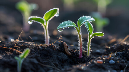 Close-Up of Fresh Green Seedlings Growing in Soil with Dew Drops – Sustainable Farming, New Life, Organic Agriculture, and Eco-Friendly Plant Growth in Morning Light