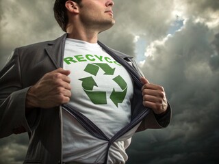 Eco hero shows recycle symbol to protect planet Earth with conservation and sustainable practices promoting clean environment.
