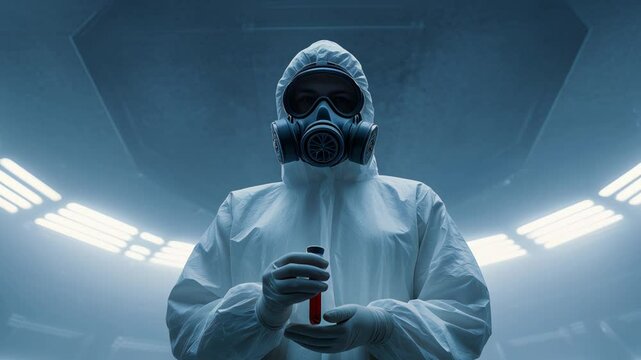 Scientist in hazmat suit holding test tube in futuristic sterile lab, concept of biohazard or outbreak containment.