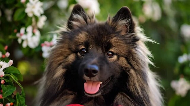 Cute wolfspitz dog holding red heart shape plush toy with blooming white flowers in outdoor garden setting on a sunny day, concept love animal