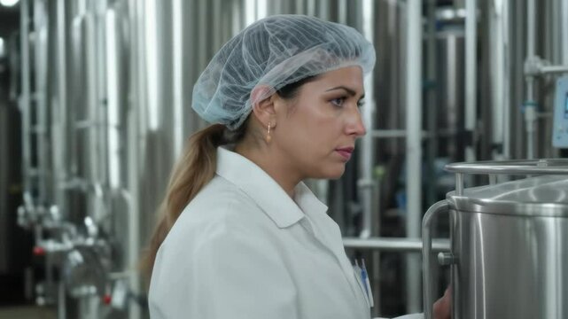 Focused Woman in Hairnet Analyzing Production Equipment in Dairy Manufacturing Facility