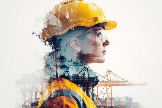 Portrait of a female engineer in safety attire, double exposure with industrial cranes and warehouse buildings,