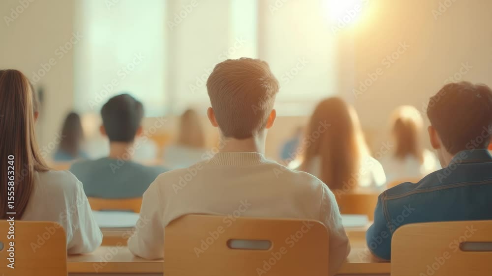 Aufkleber University students are listening to a lecture in a classroom with sunlight coming through the window, focusing on higher education and academic learning
