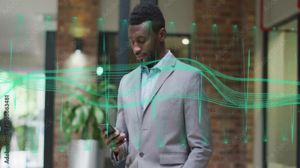 Poster businessman reading smartphone notification and scrolling to check alert as green waveform pulsing