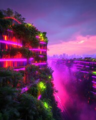 Fototapeta premium Vibrant cityscape with illuminated greenery.